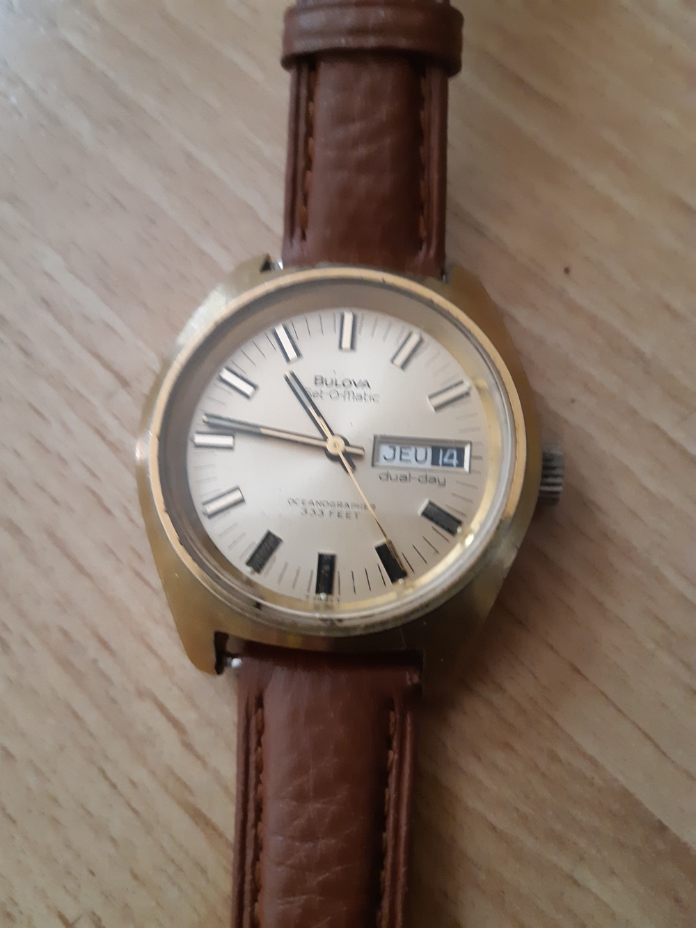 Vintage Bulova Gold-Tone Case Watch with Brown Leather Strap